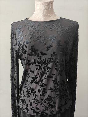 Reitmans Black Velvet Burnout Long Sleeve Blouse Semi Sheer Floral Witchy Sexy
